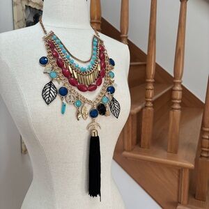 Gold Tone Large Multi Strand Statement Charm Necklace